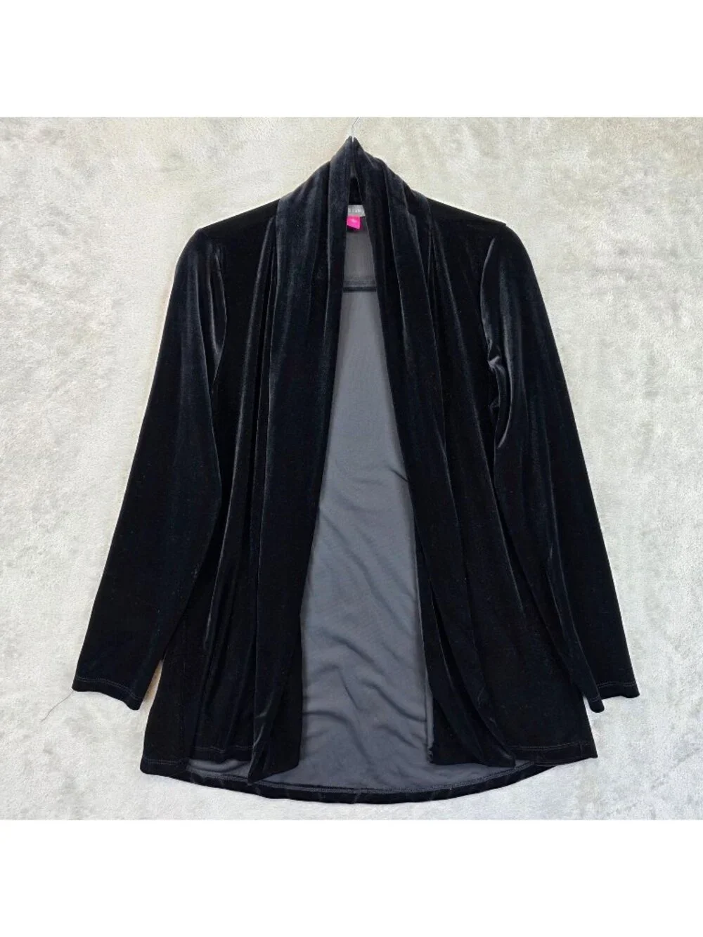 Vince Camuto Jacket Womens Small Black Velvet Open Front Stretch Mid Length